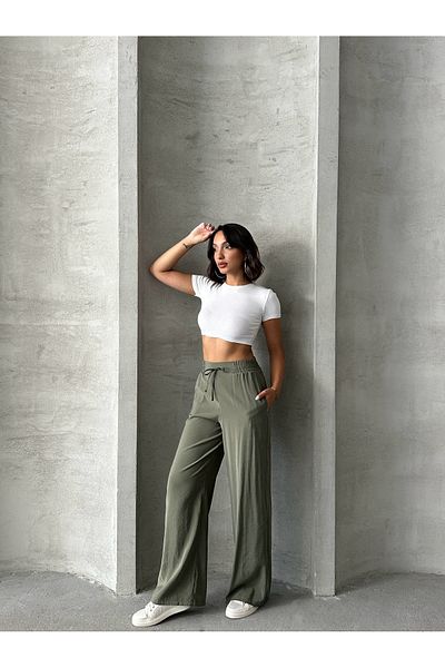 Miss Prova Wide Leg Draped Summer Pants with Waist Tie and Waist Elastic Misspnt2659
