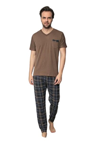 pamuklu Men's Pajamas, Cotton, Long Pants, Short Sleeve Shirt with Pocket, Brown, S
