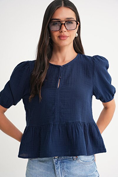 Mixray 4713 Γυναικεία μπλούζα μουσελίνας με λαστιχένια μανίκια στη μέση, μπλε ναυτικό