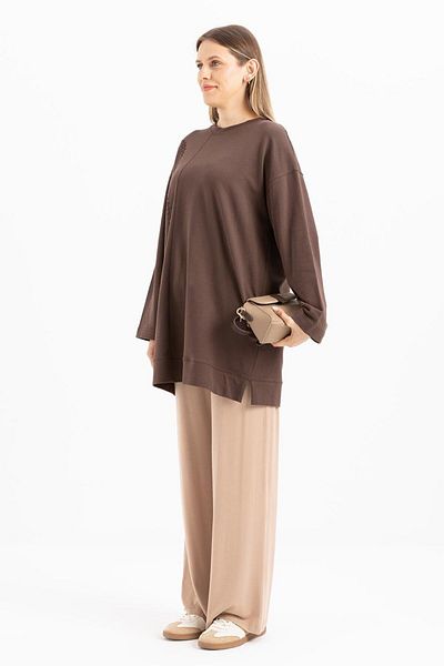 ALLDAY Coffee-Embroidered Crew Neck Lycra Plus Size Tunic
