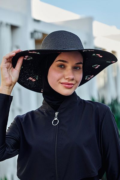 Remsa Mayo Cherry Embroidered Straw Hat Beach Hat 2115 Black