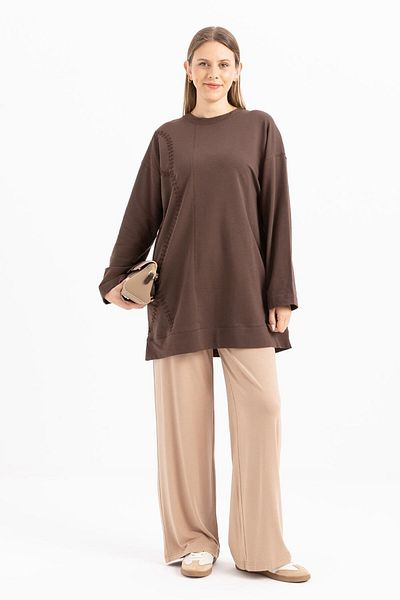 ALLDAY Coffee-Embroidered Crew Neck Lycra Plus Size Tunic