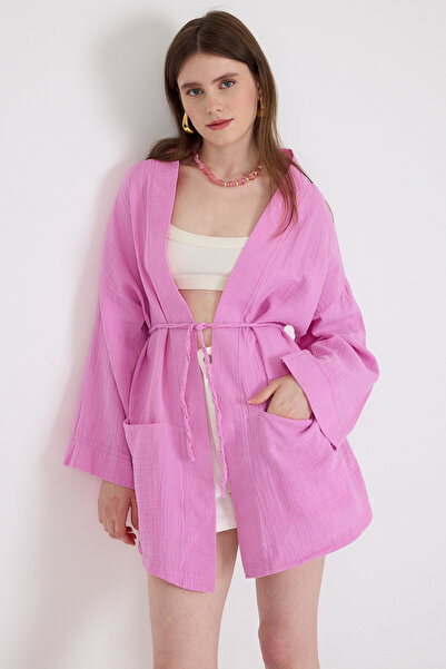 Rays Pembe Keten Görünümlü %100 Pamuk Geniş Kollu Bağlama Detaylı Kimono 4802A