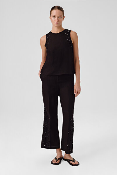 Triko Mısırlı Siyah Taş İşlemeli Kadın Pantolon