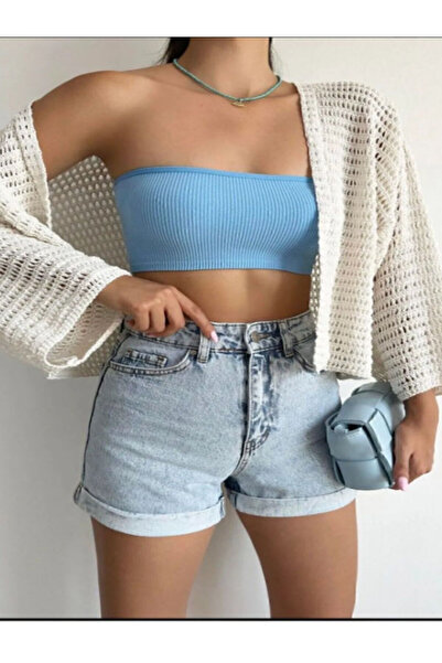 viking's line Kadın Mavi Duble Paça Kot Şort - Mavi Kar Yıkama Şort Kıvrık Paça