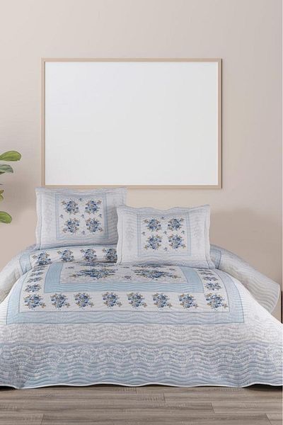 Çeyiz Diyarı Lumora Printed Quilted Double Bedspread Light Blue