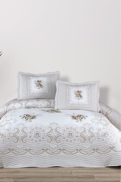 Çeyiz Diyarı Nerea Printed Quilted Double Bedspread Light Brown
