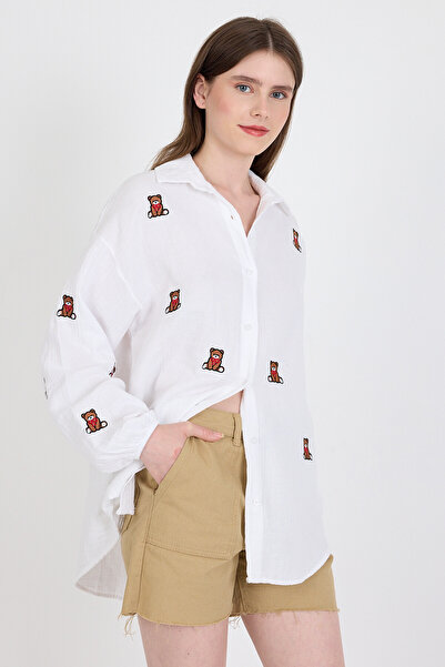 Rays Λευκό λινό πουκάμισο 100% βαμβακερό κέντημα αρκουδάκι 4798A