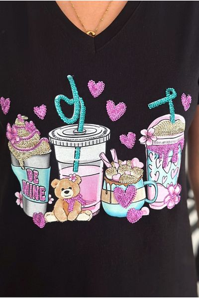 Cassime Tricou negru pentru femei, ursuleț de pluș, inimă, paiete, brodat, cu decolteu în V, 100% bumbac, mărime mare XL-2XL-3XL