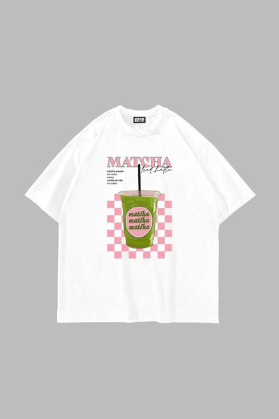 Bak Moda Tricou alb oversize unisex cu imprimeu Matcha Iced Latte