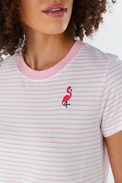 Shopping Shop Ριγέ Φλαμίνγκο Κεντημένο T-shirt ΡΟΖ