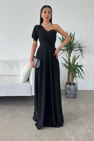 Mossta One Shoulder Balloon Sleeves Long Evening Dress - Black