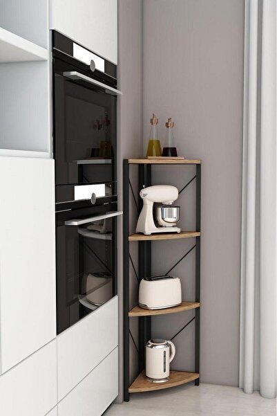 Remaks Sude 4 Raflı Metal Köşe Mutfak Rafı Dekoratif Aksesuar Rafı Çok Amaçlı Raf Ceviz