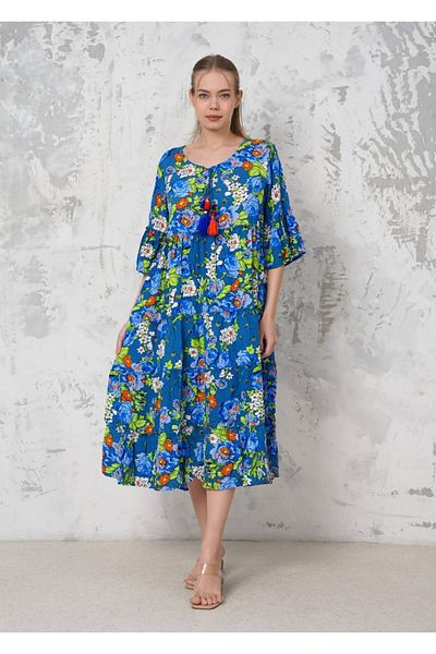 EL jadida Women's Patterned Authentic Plus Size Midi Dress Indigo