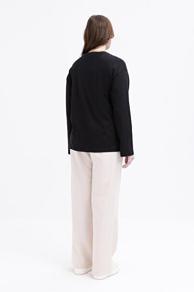 ALLDAY Siyah-Çiçek Nakışlı Uzun Kollu Büyük Beden T-shirt