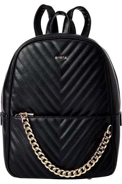 AMICA Women Black Trendy Backpack With Zip Closure & Gold Chain