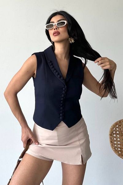 spirituel Women's Vest Short Stylish Button Detailed Jacket Collar Sleeveless Vest
