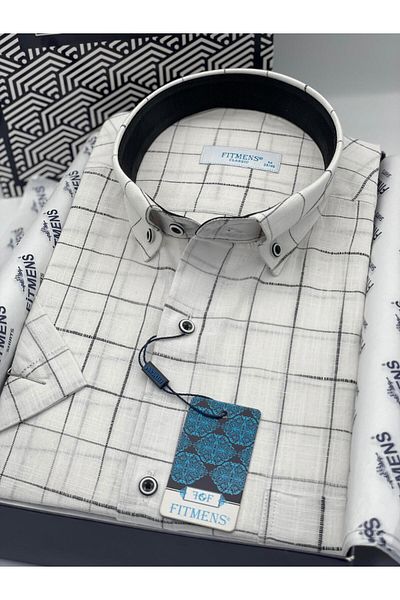 Fitmens Classic Short Sleeve Check Linen Cotton Lapel Button Gift Boxed Men's Shirt Fs-003573 - White Black