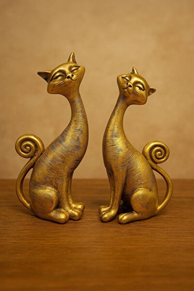 Doremcy 2’li Dekoratif Kedi Biblo Seti – Gold, Bronz, Gümüş, Krem RenkliPolyester Döküm Ev ve ofis