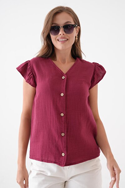 saint majesta Bluză din muselină, 100% bumbac, cu decolteu în V, cu volanat c...