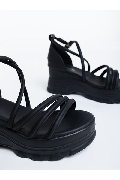 Kalapod Sandale dama cu platforma negre din piele ecologica Cavaria
