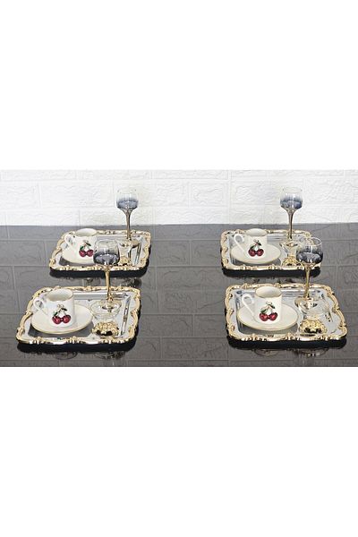 atabey home collection 6 قطع صينية عرض بإطار وردي وشريط ذهبي وصينية فضية