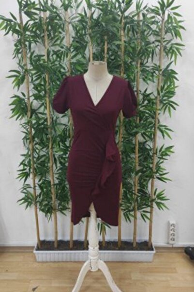 Mossta V-Neck Ruffle Detailed Crepe Dress - Burgundy