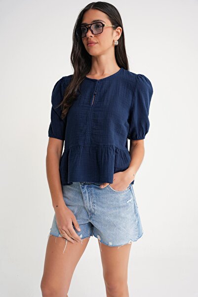 Mixray 4713 Γυναικεία μπλούζα μουσελίνας με λαστιχένια μανίκια στη μέση, μπλε ναυτικό