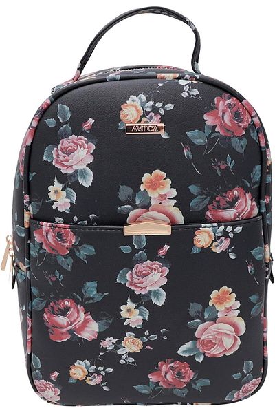 AMICA Carmen Women's Leather Floral Pattern Black Travel Backpack With Zipper Closure
