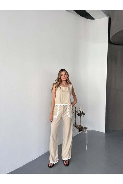 Bleu Petite Stripe Detail Linen Fabric Blouse Pants Set