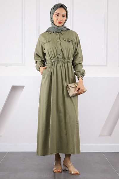 İmajButik Χακί Φόρεμα Gabardine με ελαστική τσέπη στη μέση