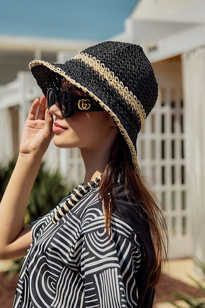 Remsa Mayo Two Color Stripe Hand Knitted Straw Hat Beach Hat Rş-102 Black Beige 2099