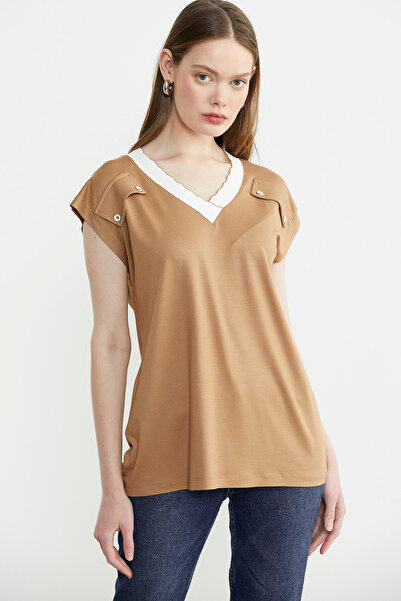 Sementa Πλεκτό Συνδυασμός Βαμβακερό Μπλουζάκι - Καμέλ