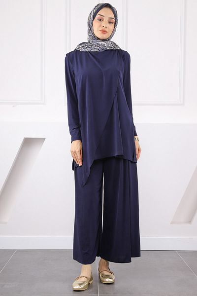 İmajButik Navy Blue Front Detailed Sandy Tunic Trousers Set