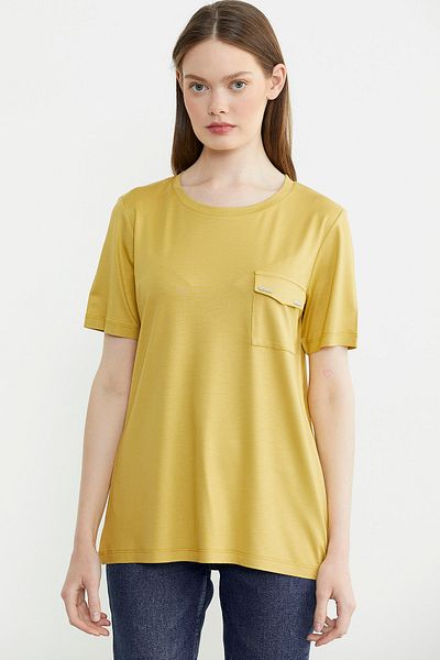 Sementa Tricou din bumbac pieptănat cu decolteu O cu detaliu de buzunar - muștar