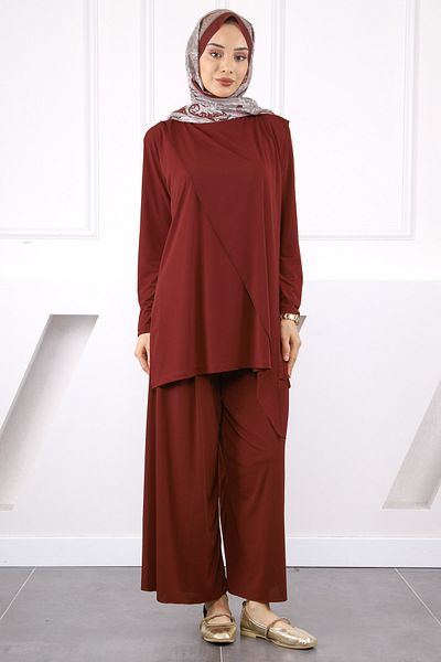 İmajButik Burgundy Front Detailed Sandy Tunic Trousers Set