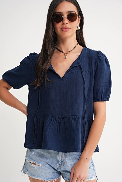 Mixray 4715 Women's Collar Tie Short Sleeve Muslin Blouse Navy Blue