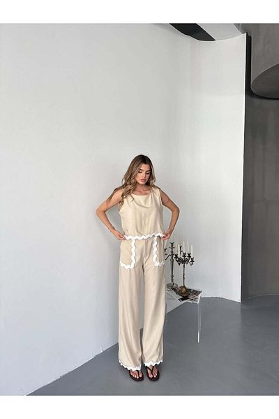 Bleu Petite Stripe Detail Linen Fabric Blouse Pants Set