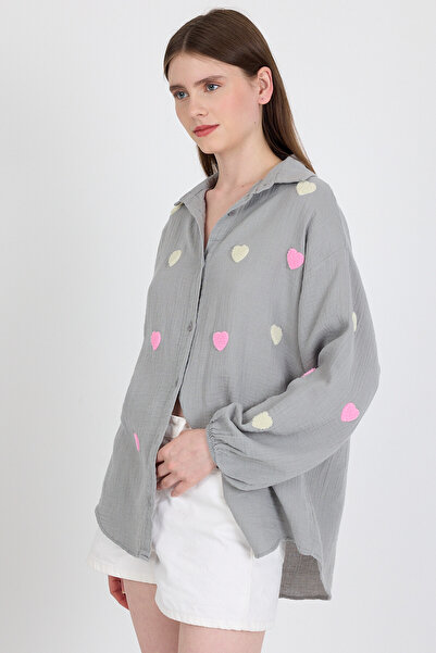 Rays Сива 100% памучна риза с бродерия във формата на сърце 4797A