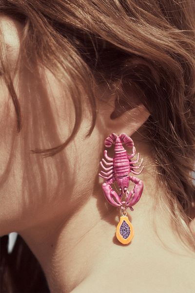 Finery by Nerrs Zr Model, Embossed, Fruit Detail, Pink Lobster Earrings