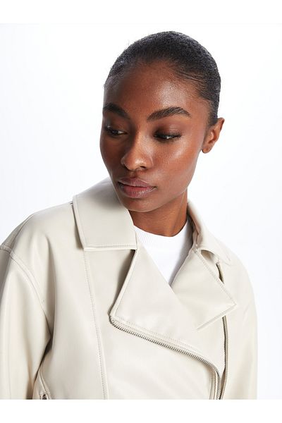 LC Waikiki Γυναικείο παλτό Biker Collar Solid Leather Look