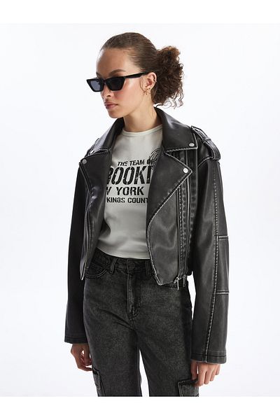 LC Waikiki Γυναικείο παλτό Biker Collar Solid Leather Look