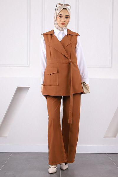 İmajButik Tan Belted Vest and Trousers Suit