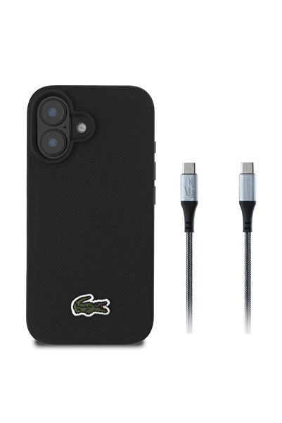 Lacoste iPhone 16 Uyumlu Kılıf Lacoste Lisanslı PU Pike Desenli Timsah Logolu ve Type-C Kablo 1.5m Siyah