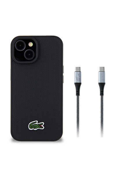 Lacoste iPhone 15 Uyumlu Kılıf Lacoste Lisanslı PU Pike Desenli Timsah Logolu ve Type-C Kablo 1.5m Siyah