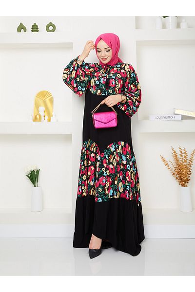 EL jadida Women's Plus Size Floral Pattern Garnished Pompom Detailed Hijab Dress Black