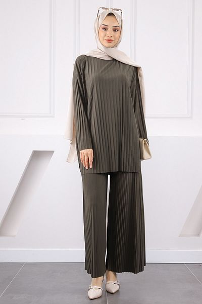İmajButik Khaki Pleated Sandy Tunic Trousers Set