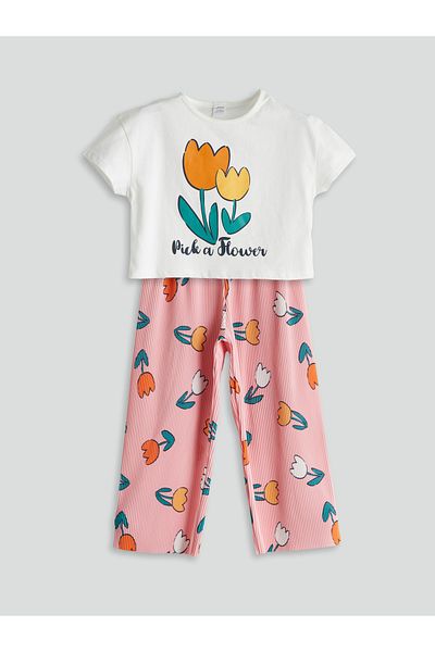 LC Waikiki Crew Neck Floral Girls' T-Shirts and Leggings 2-Piece