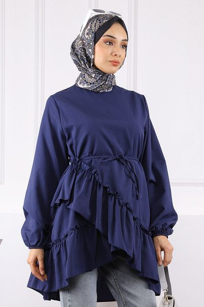 İmajButik Navy Blue Skirt Layered Ruffled Tunic