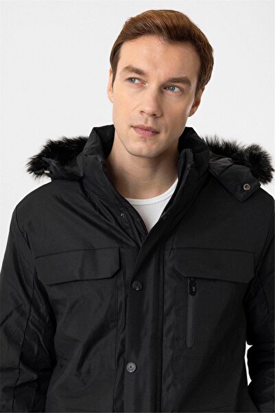 SÜVARİ Regular Fit Hooded Black Coat